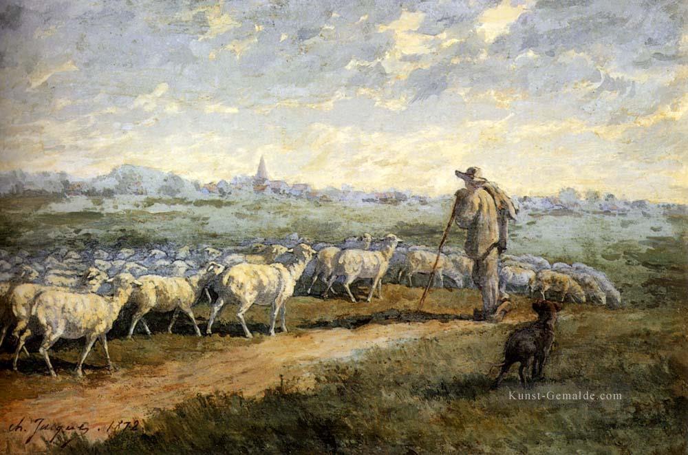 Landschaft mit einer Herde von Schaf Tierier Charles Emile Jacque Ölgemälde